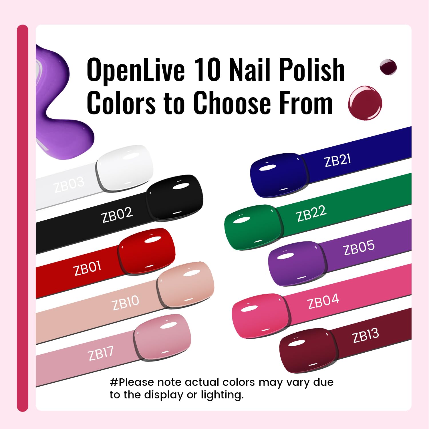 OpenLive 10 couleurs variées: neutre, rosé, rouge et teintes tendance.