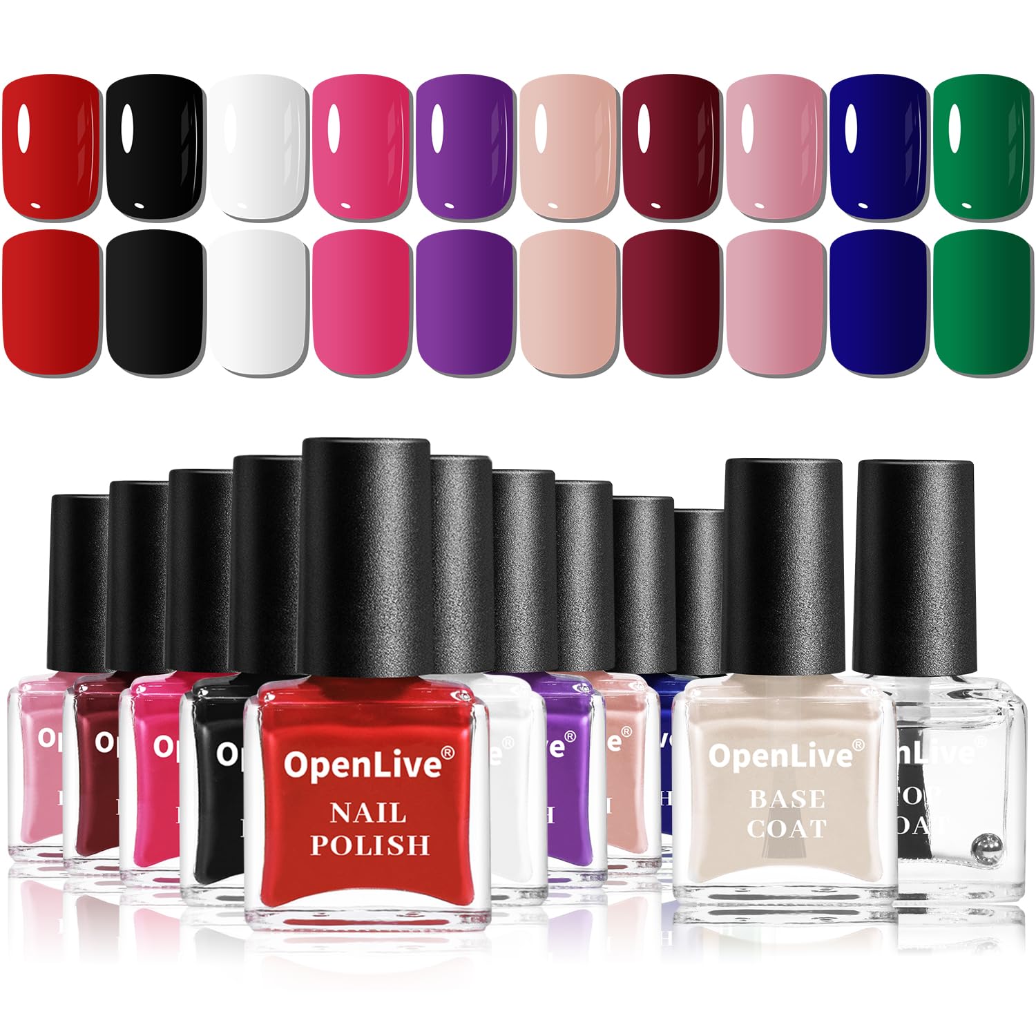 OpenLive kit vernis 12 pièces avec base et top, palette complète.
