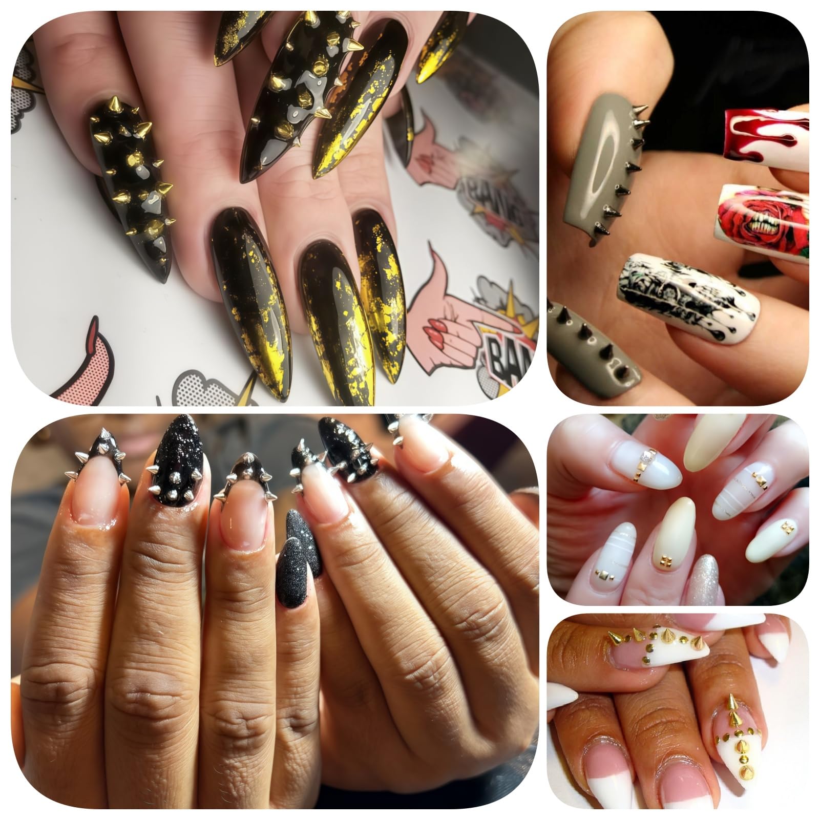 OPMADM charms pour ongles gothiques, pointe conique noir pour contraste fort et durabilité.