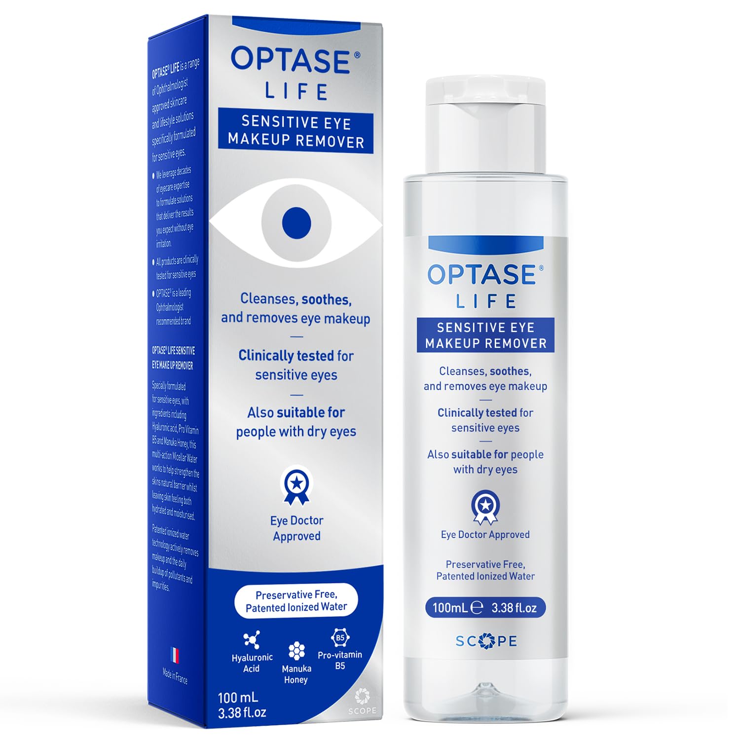 Optase Life démaquillant yeux sensibles – bouteille 100 ml, nettoyage sans rinçage.