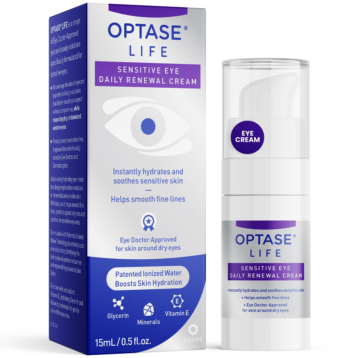 Optase LIFE Sensitive Eye Cream bottle showing instant hydration for delicate eye skin.