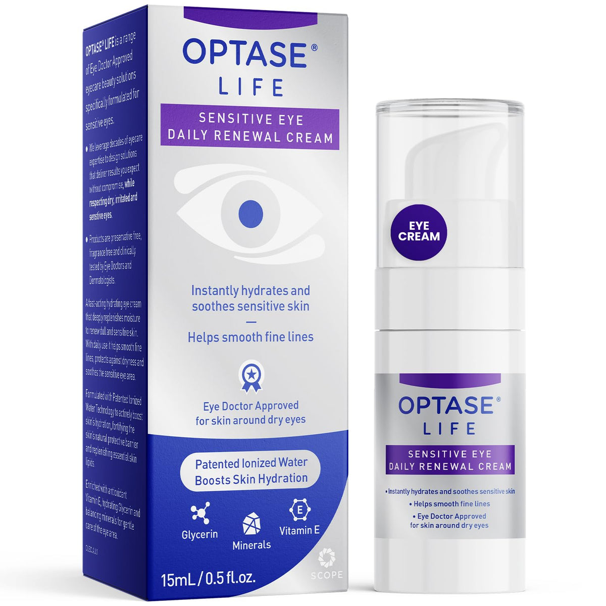 Optase LIFE Sensitive Eye Cream bottle showing instant hydration for delicate eye skin.