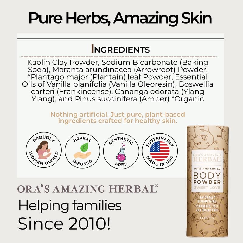 Utilisation après douche ou épilation, poudre corporelle légère Ora's Amazing Herbal.
