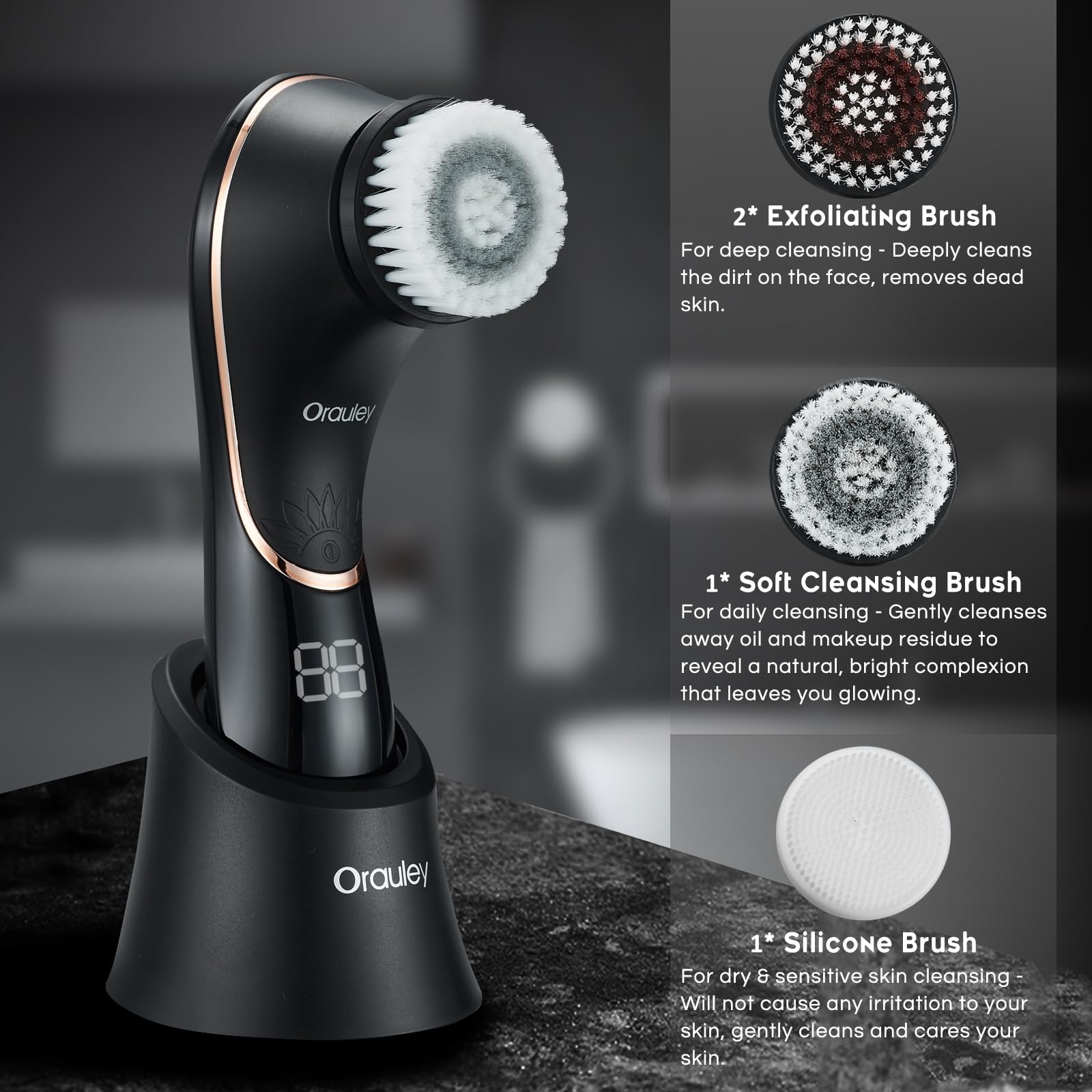 Orauley brosse-visage douceur nettoie en douceur les peaux sensibles.
