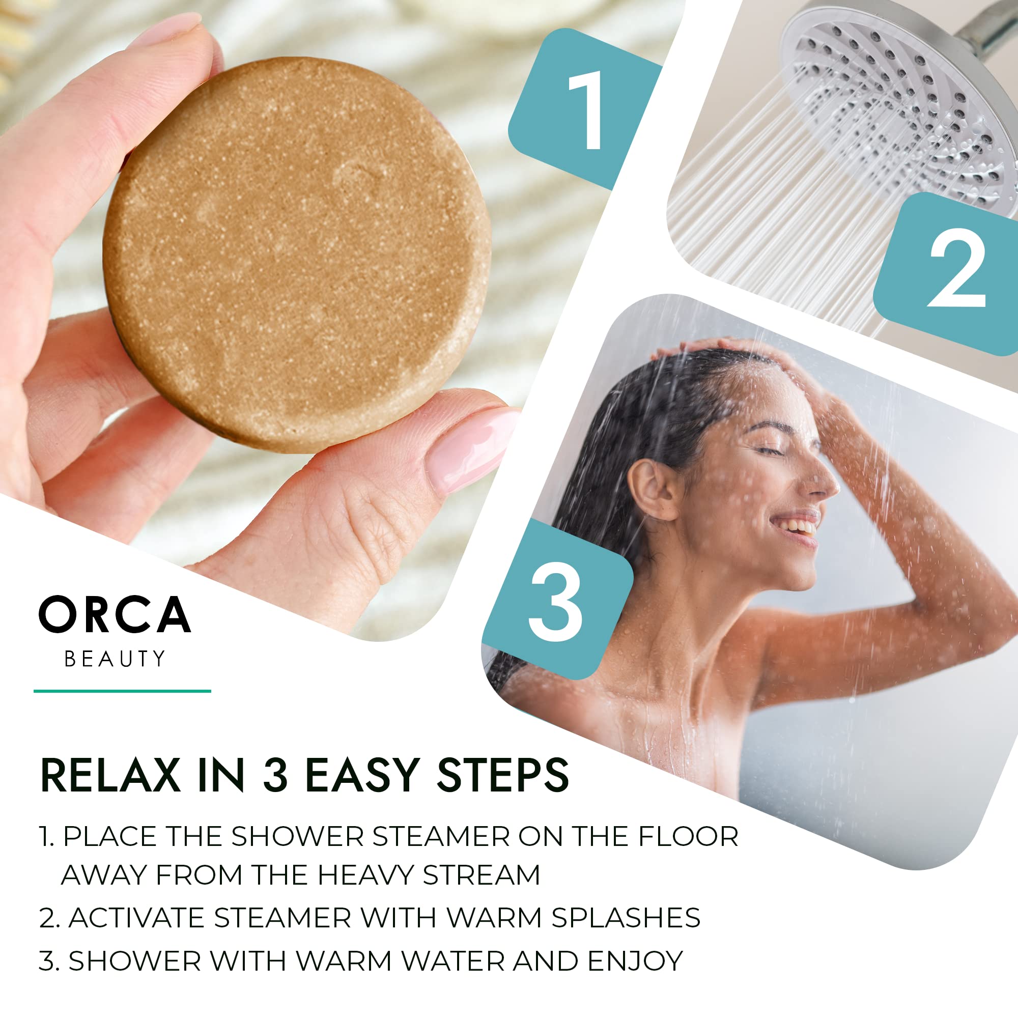 ORCA Beauty bombes-vapeur-douche-santal: parfum boisé pour pause apaisante.