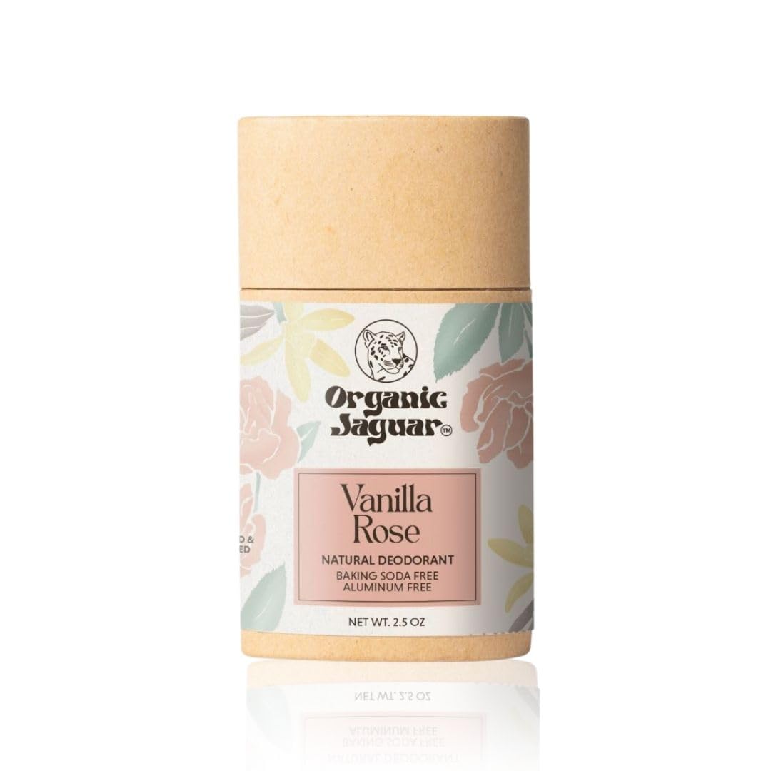 Déodorant Organic Jaguar à la rose vanille, parfum subtil, longue tenue.