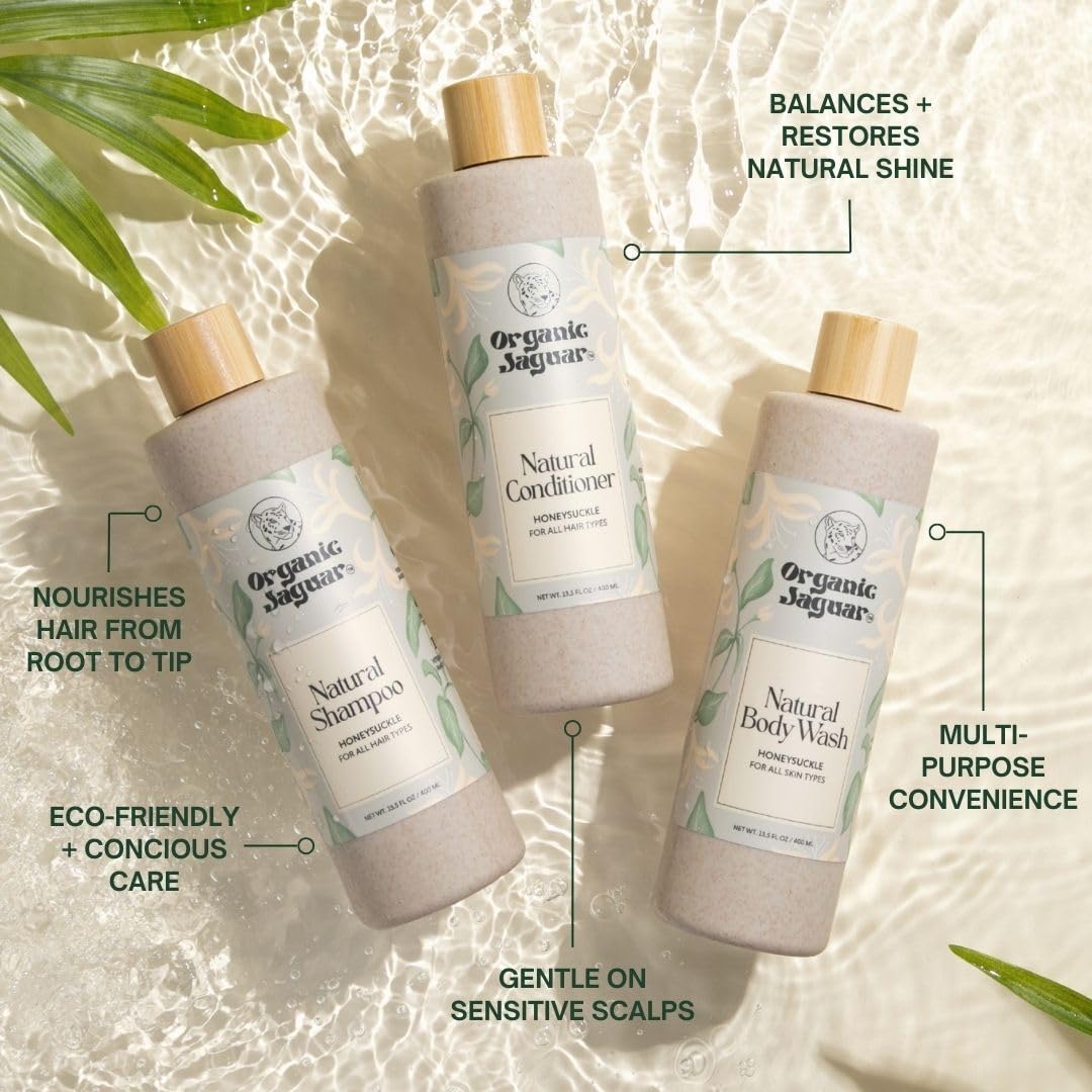 Organic Jaguar shampoing : détail visuel de l'emballage et de la routine naturelle.