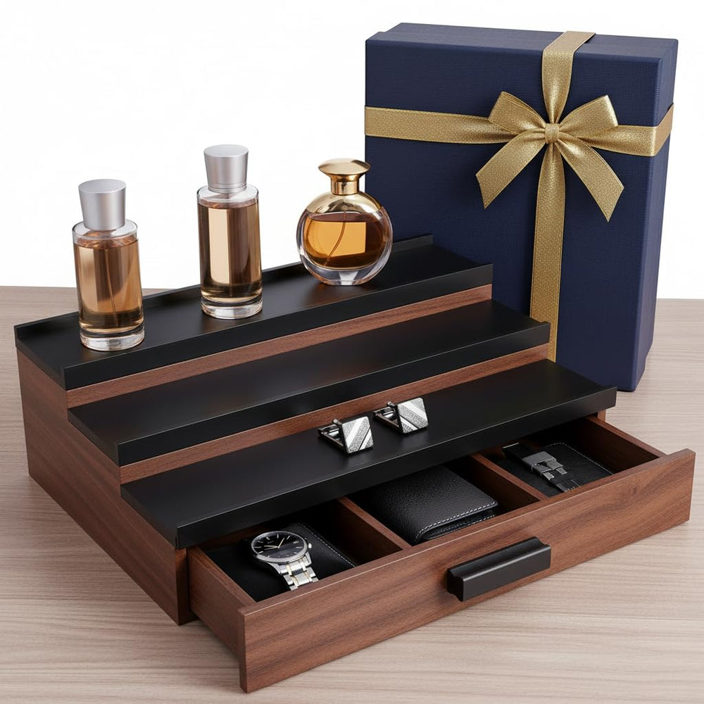 Organisateur Cologne Homme Bois Noir – affichage en 3 niveaux pour une collection ordonnée sur la commode.