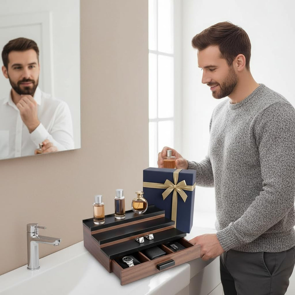 Organisateur Cologne Homme Bois Noir – compartiments pratiques pour montres et bijoux.