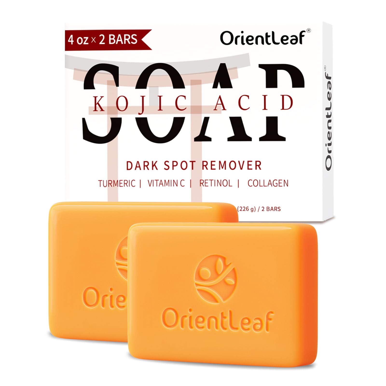 ORIENTLEAF Savon Kojique Curcuma visuel montrant l'action sur les taches