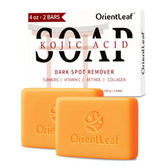 ORIENTLEAF Savon Kojique Curcuma visuel montrant l'action sur les taches