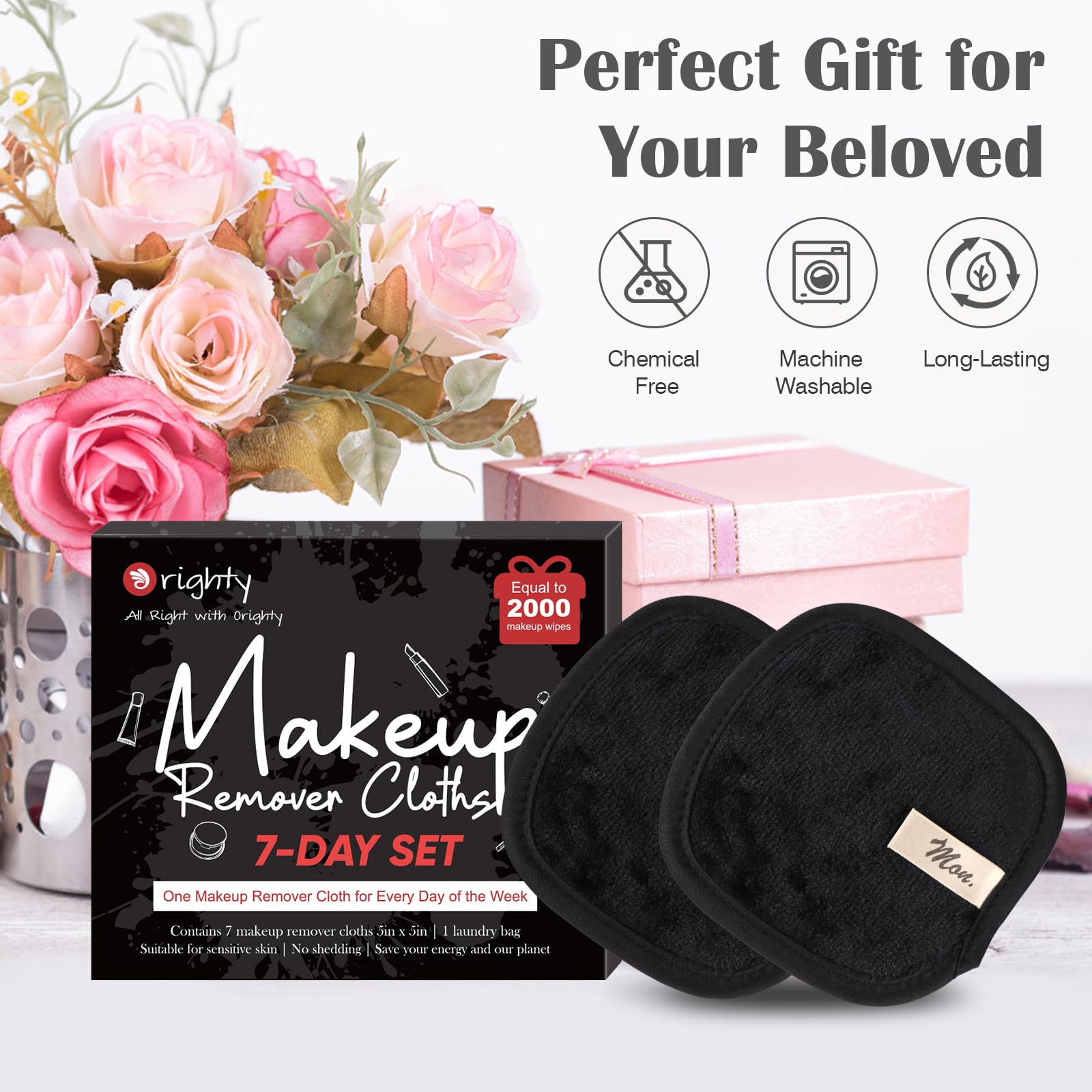 Orighty lingettes démaquillage ensemble 7 jours – format compact 5x5 pouces, voyage facile.