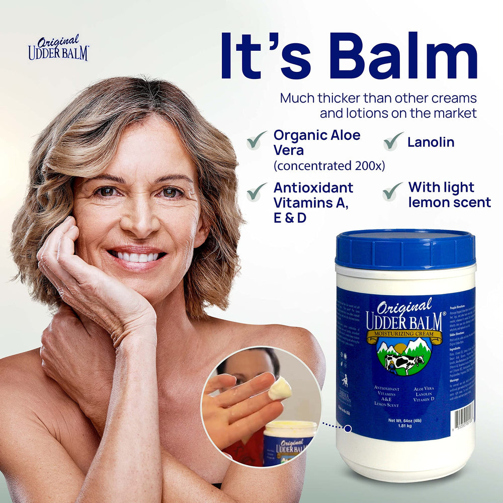 Original Udder Balm avec aloé vera et vitamines, soin apaisant post-exposition.