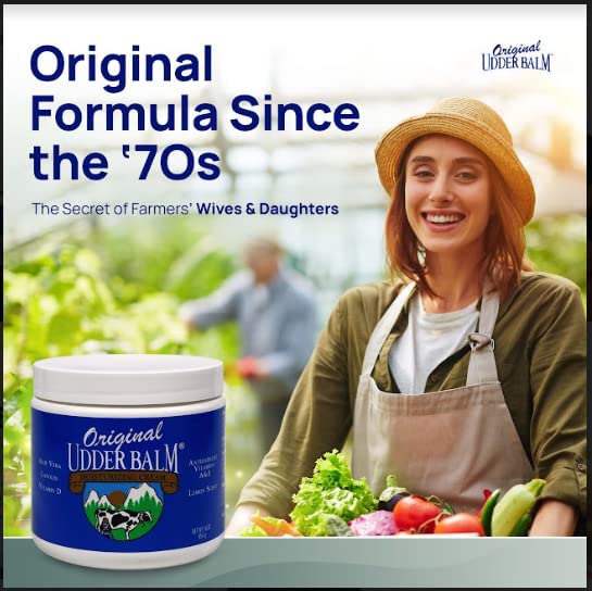 Original Udder Balm sur une main, soin des mains sèches.