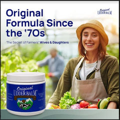 Original Udder Balm sur une main, soin des mains sèches.