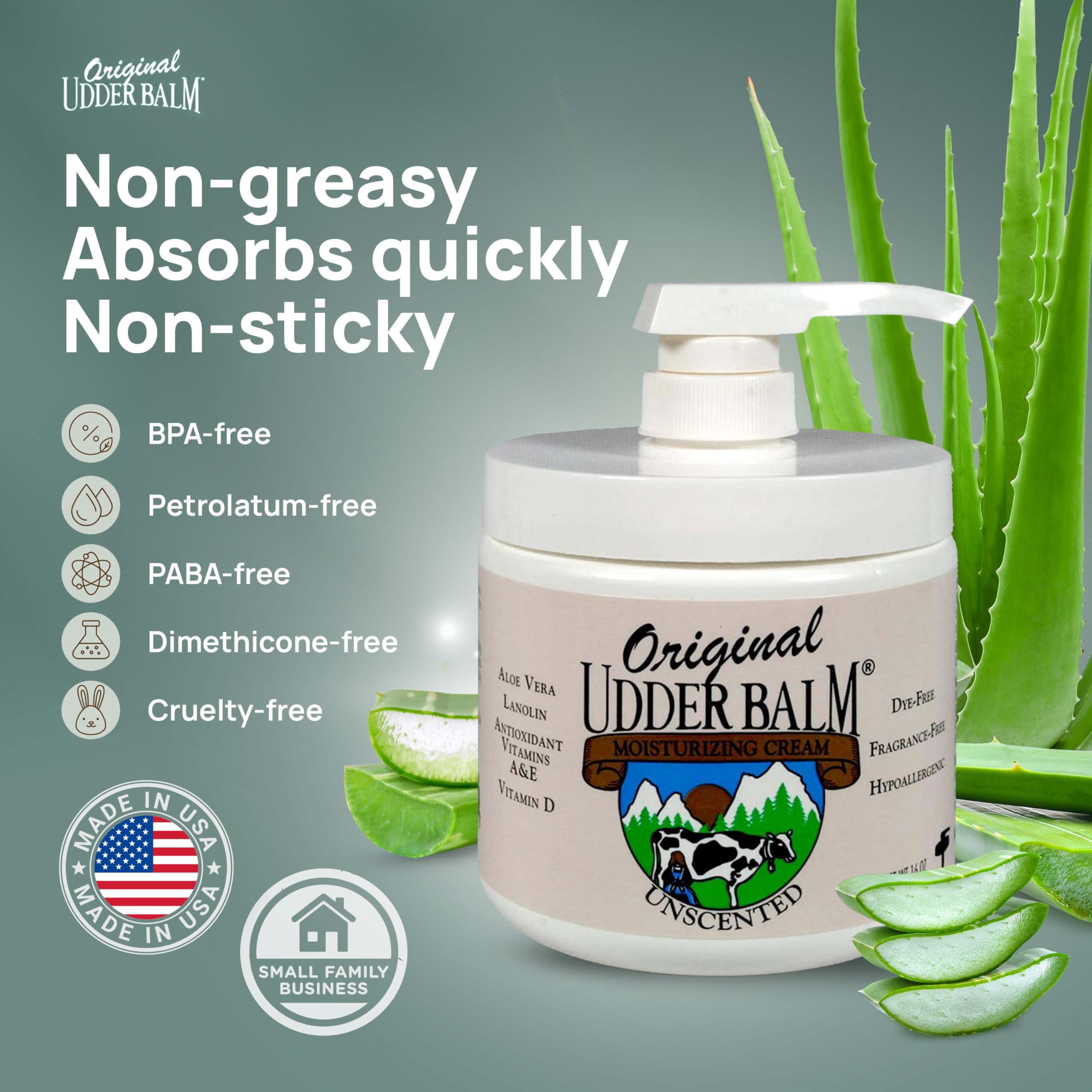 Original Udder Balm – aloe vera et lanoline, formule hypoallergénique.