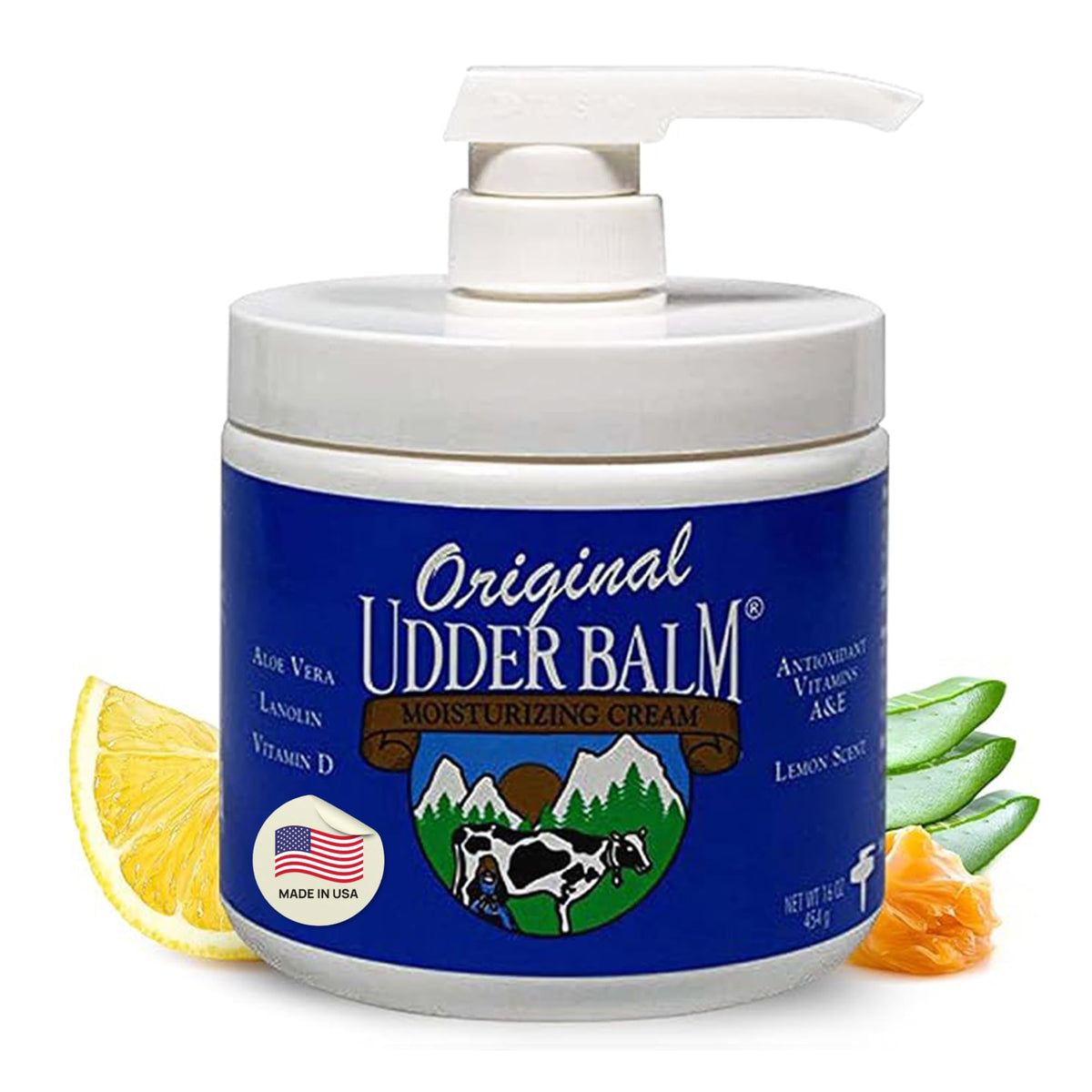 Original Udder Balm pompe-pot, détail : hydratation concentrée pour mains sèches et pieds.