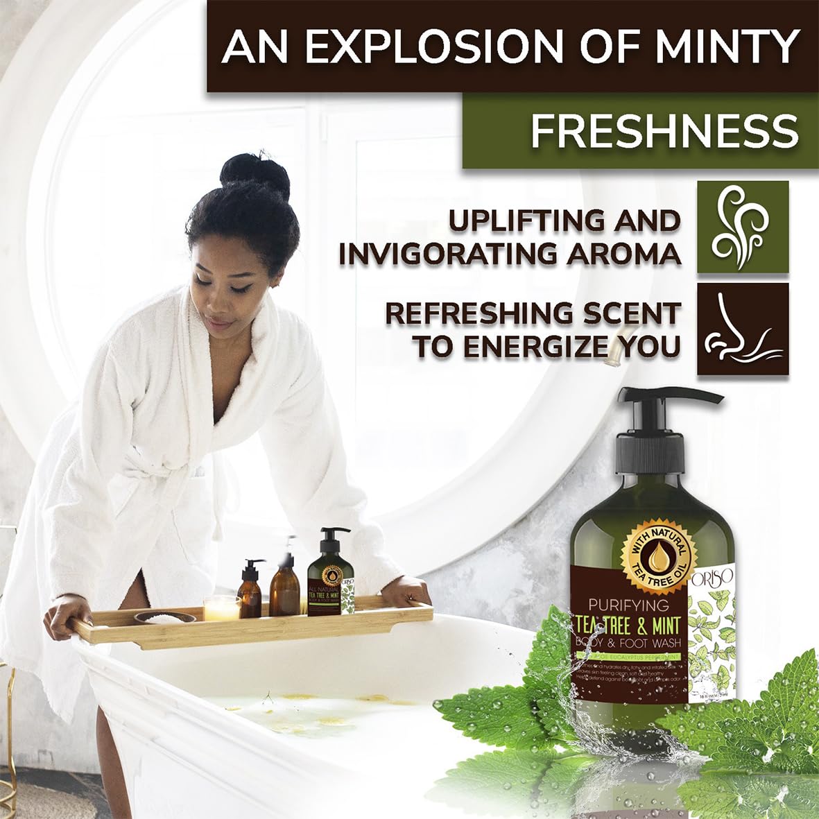 UNISEX ORISO Tea Tree Mint body wash in a daily care routine.