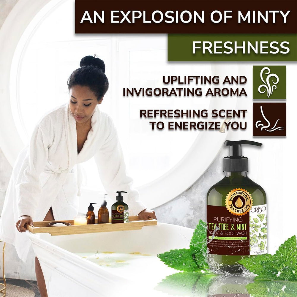 UNISEX ORISO Tea Tree Mint body wash in a daily care routine.