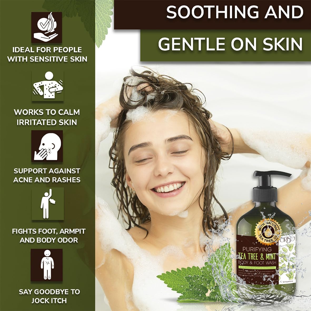 Poured dispenser of ORISO Tea Tree Mint for easy daily use.