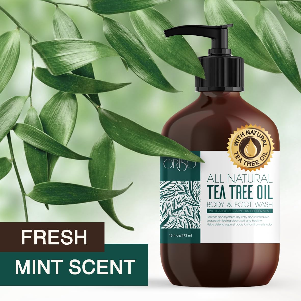 ORISO Tea Tree Oil Body Wash pump dispensing creamy lather