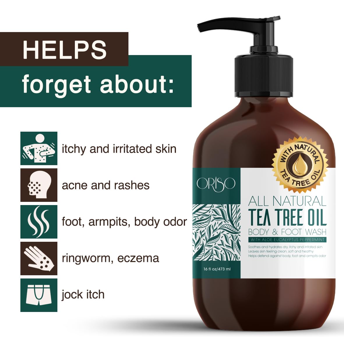 ORISO Tea Tree Oil ingredient close-up showing natural actives