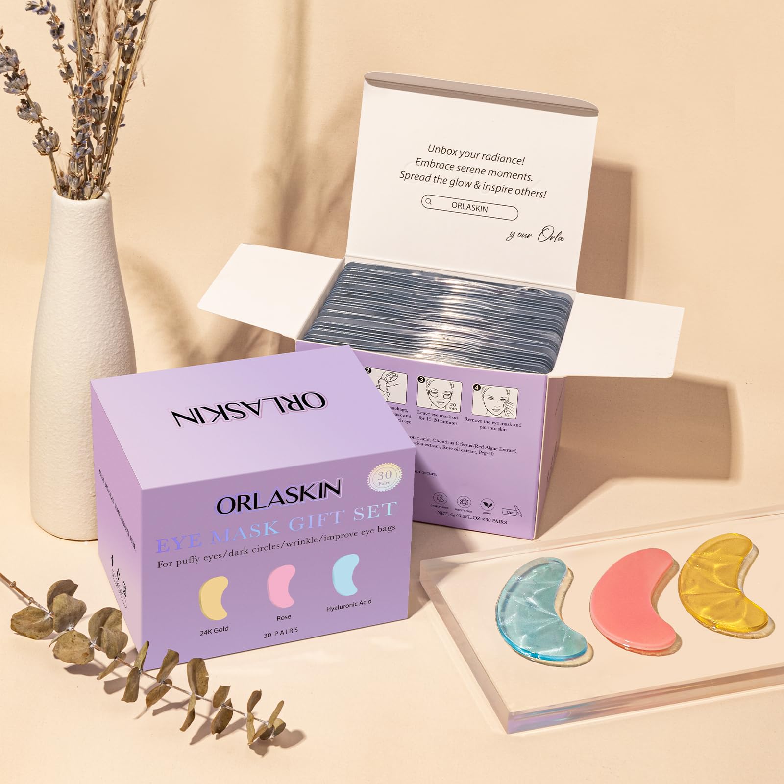 ORLASKIN patchs yeux hyaluronique, texture douce et absorption efficace.
