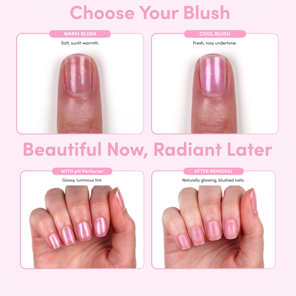 Orly pH Perfector – teinte rosée pêche chaude avec scintillement doré.