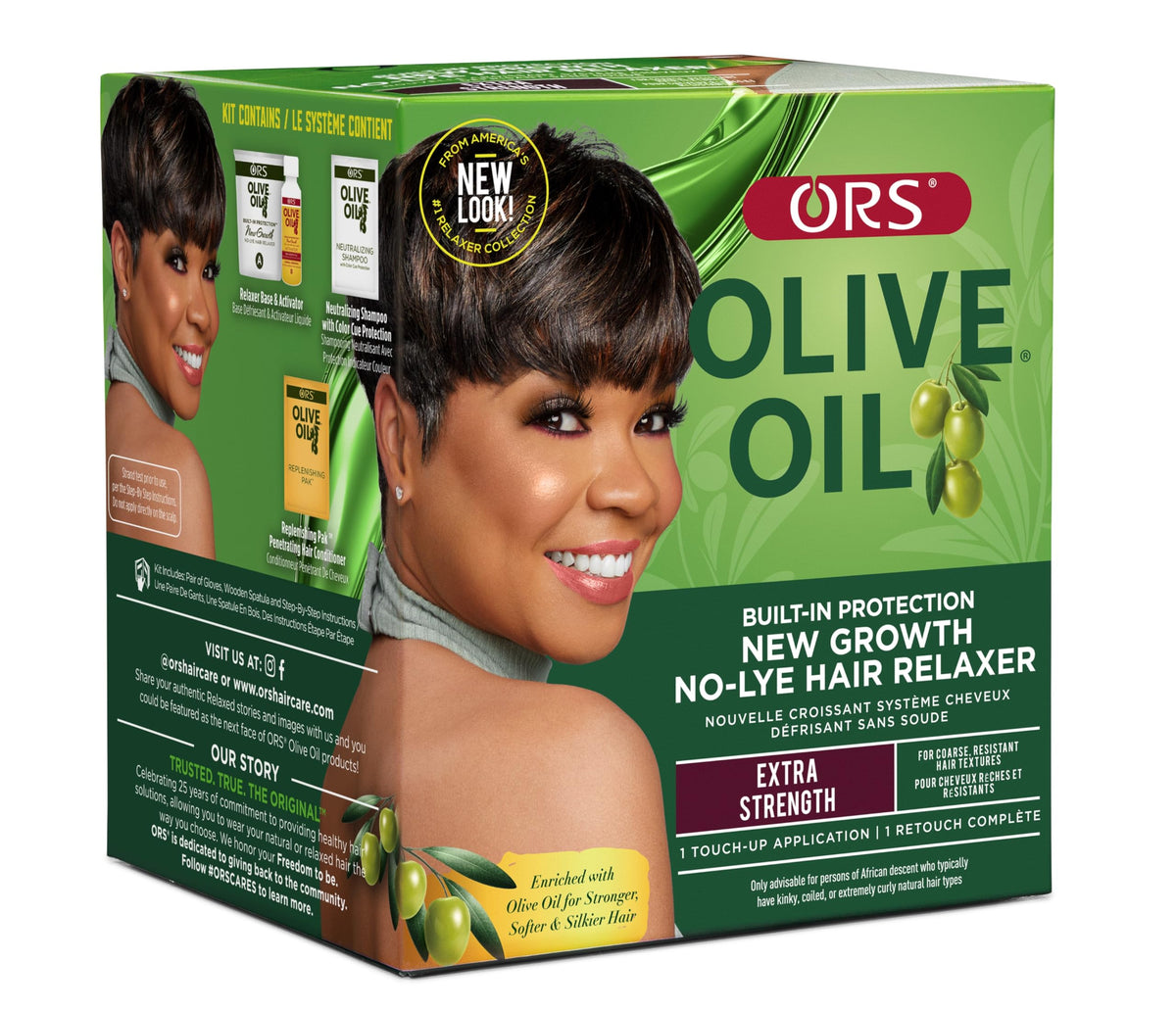 ORS Relaxateur à l’huile d’olive, bouteille montrant la protection intégrée pour cheveux plus lisses.