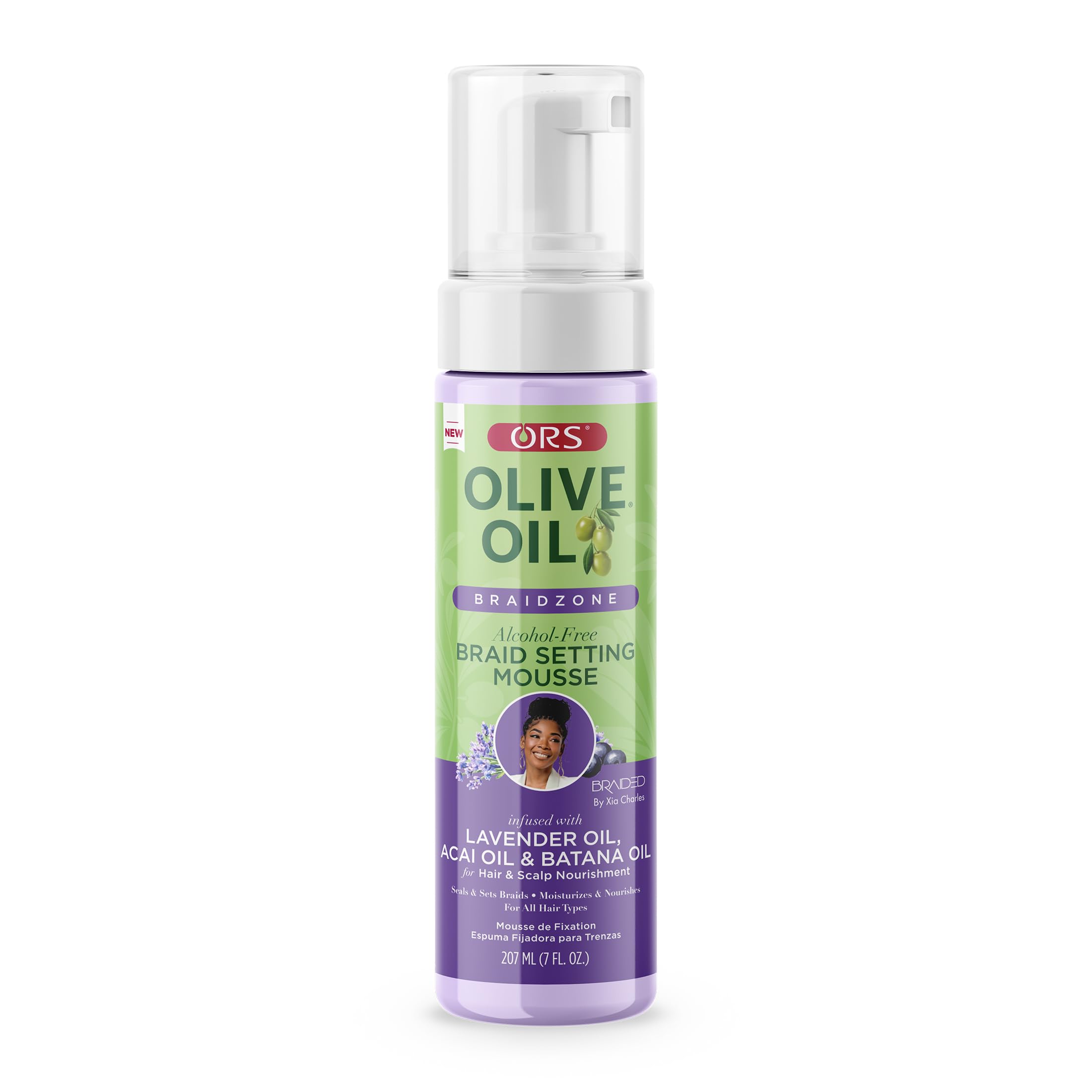 ORS Mousse: bouteille Lavande pour hydratation douce des tresses.