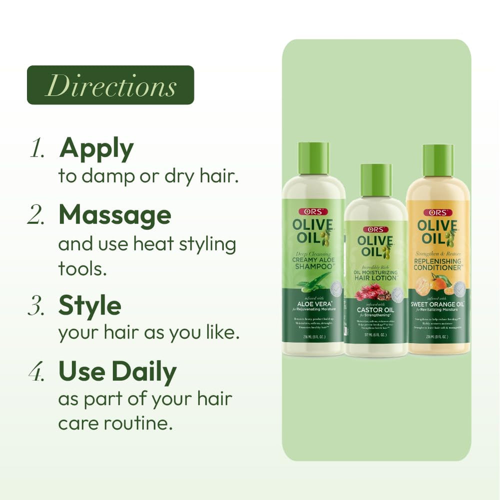 ORS Olive Oil lotion application on hair ends.