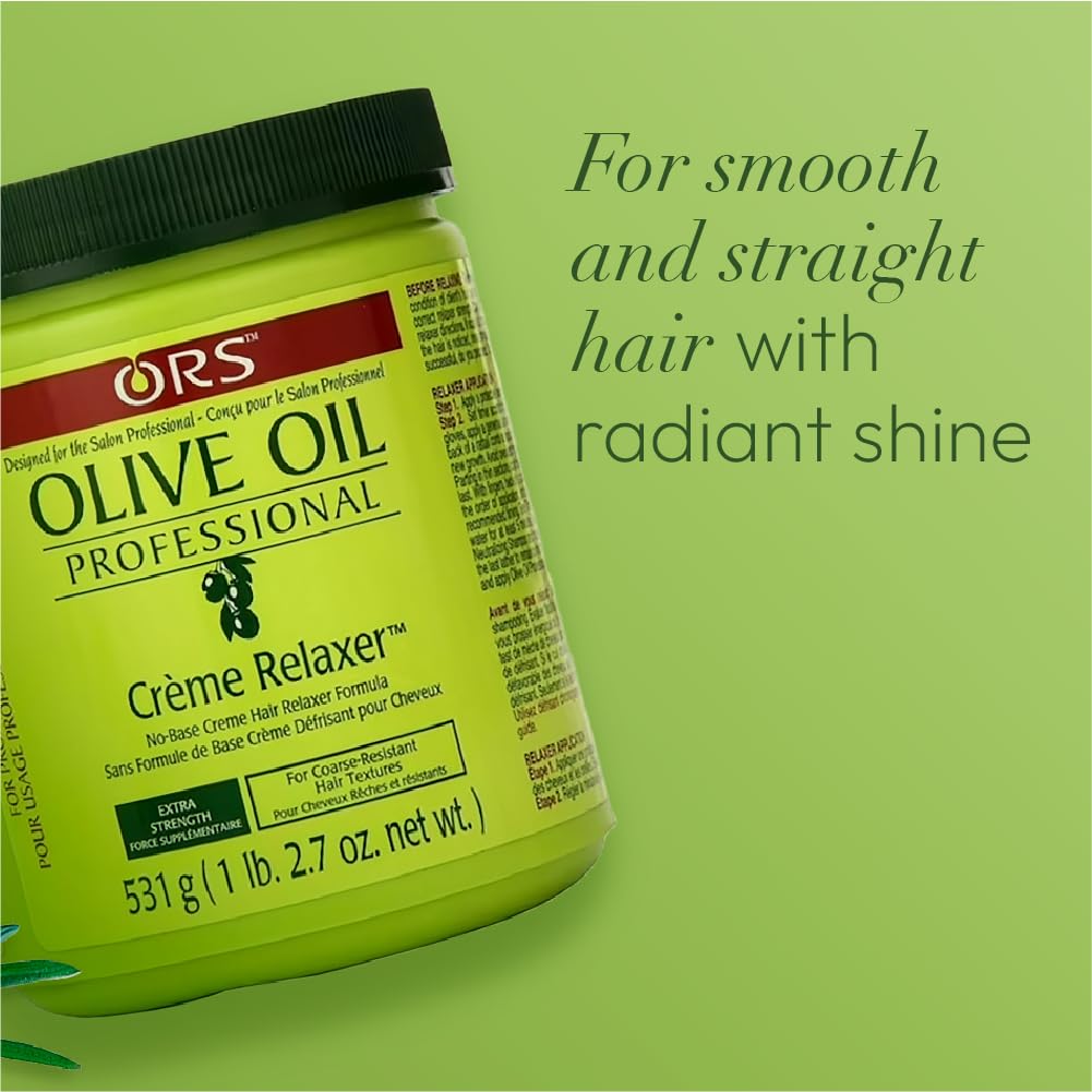 ORS Olive Oil Relaxer application shot indicates precise, controlled use by professionals