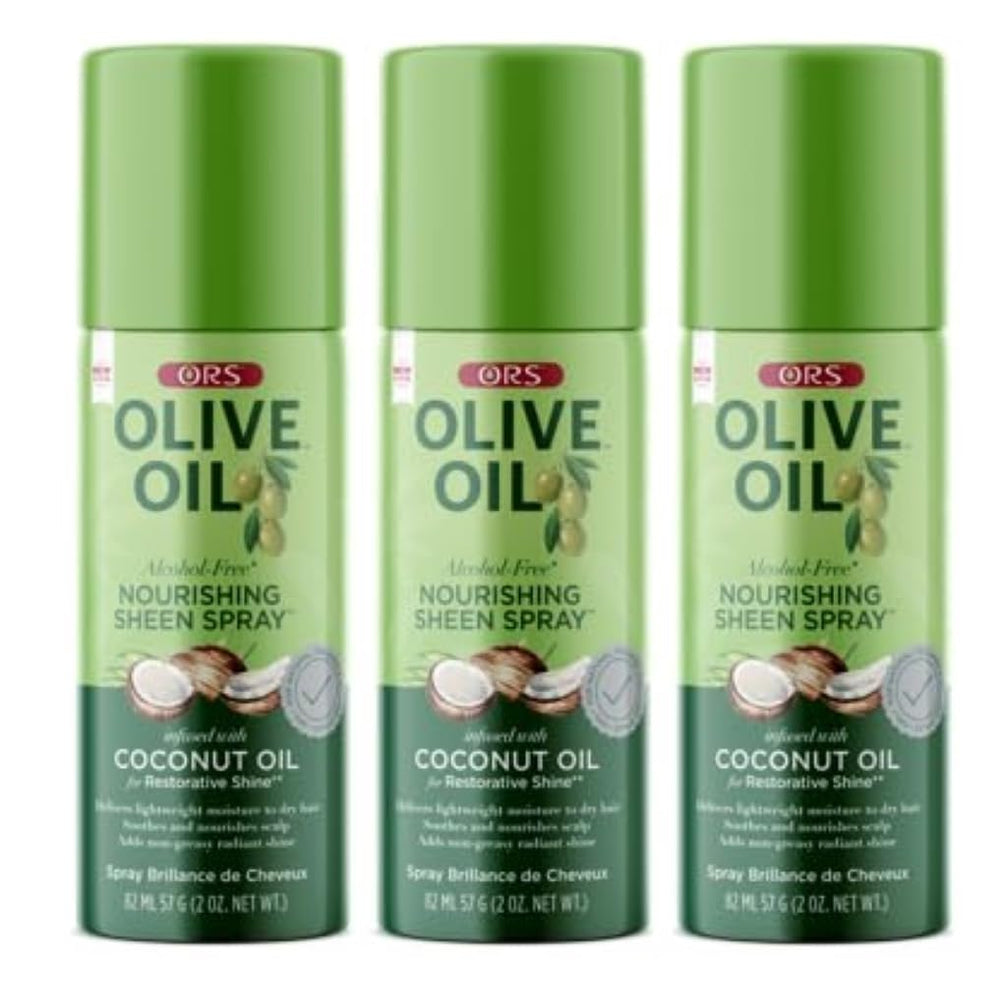 ORS Olive Oil Nourishing Sheen Spray sur bouteille, prête pour une brillance naturelle.