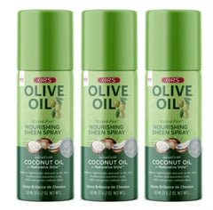 ORS Olive Oil Nourishing Sheen Spray sur bouteille, prête pour une brillance naturelle.