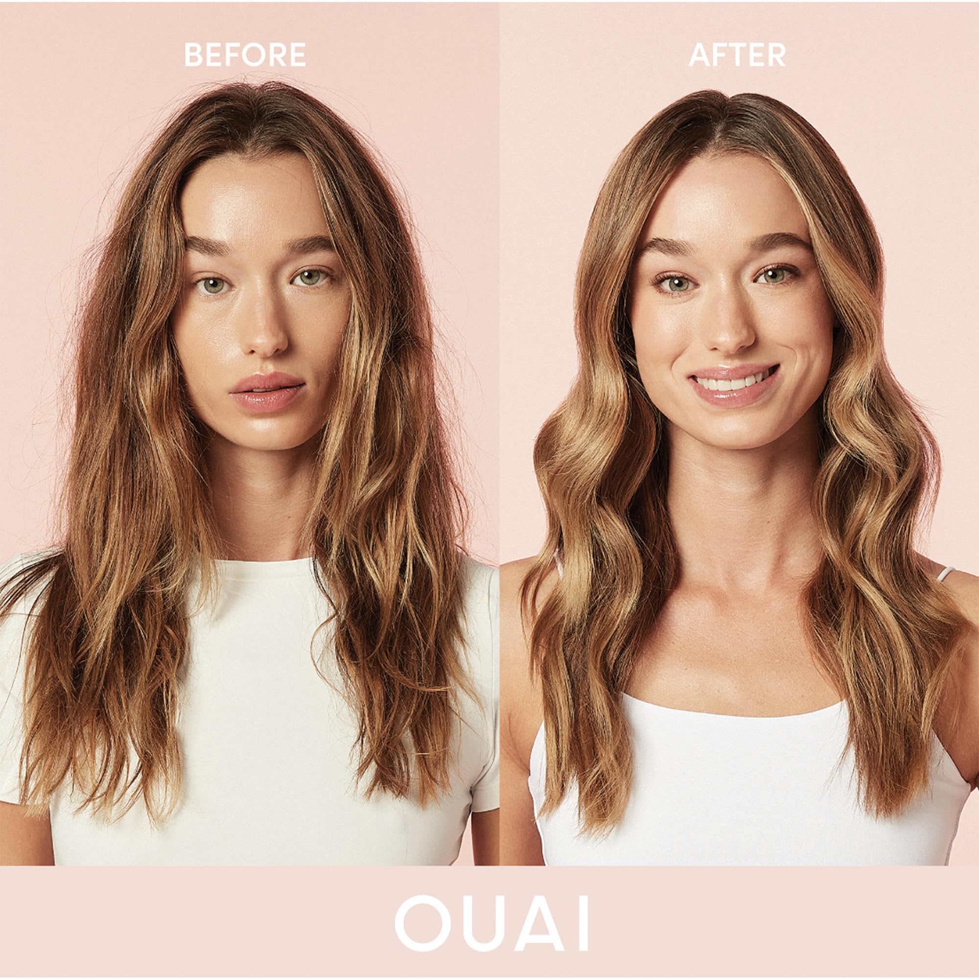 Cheveux après séchage, brillance naturelle et douceur grâce à OUAI Anti-Frizz.