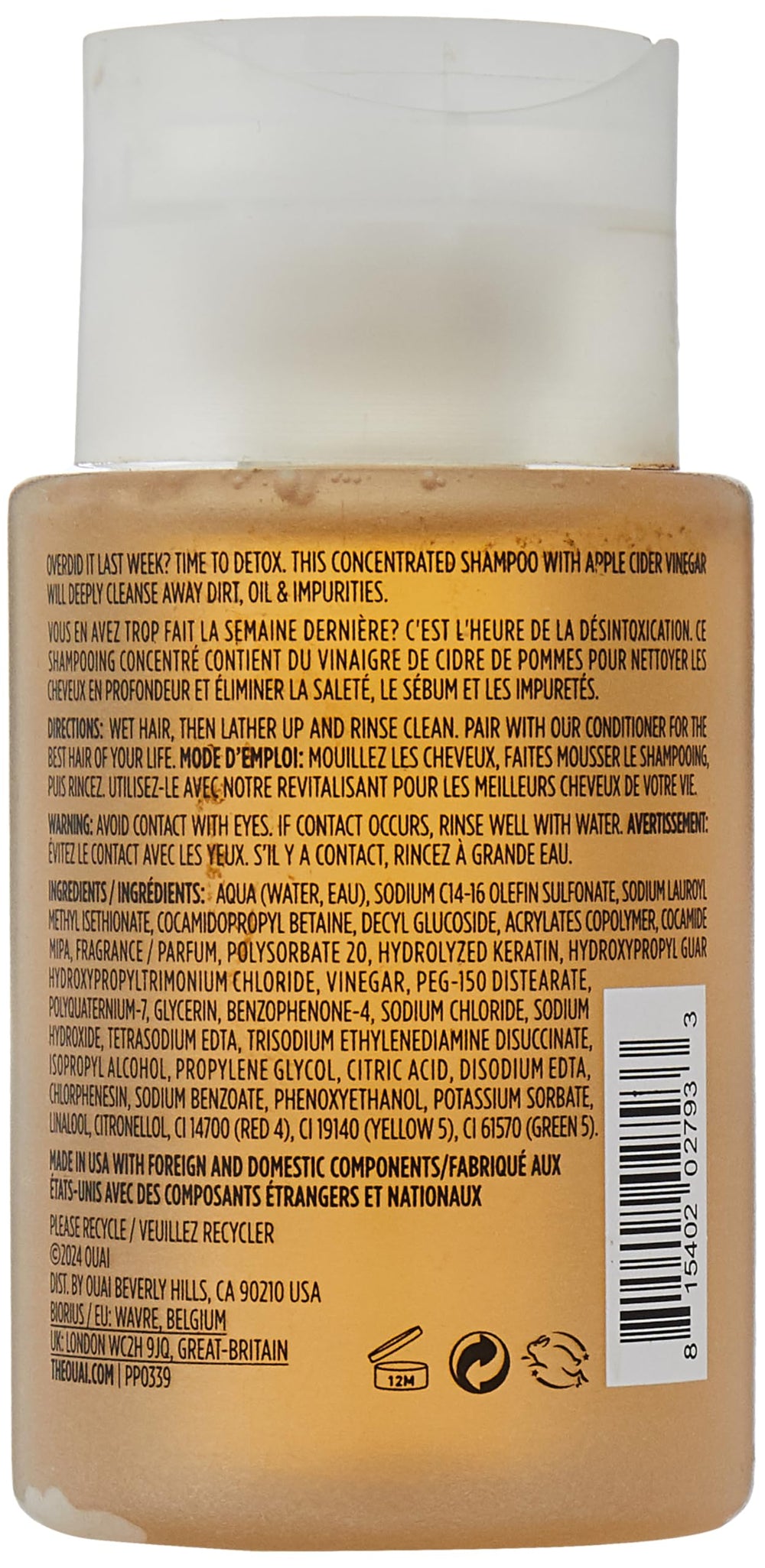 OUAI shampoing detox, agents chélants pour eau dure, 90 ml, aide à libérer le volume.