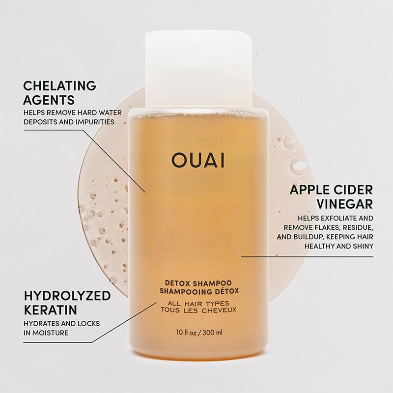OUAI shampoing detox, clarifiant au vinaigre de pomme, clarifie les résidus et rafraîchit les cheveux.