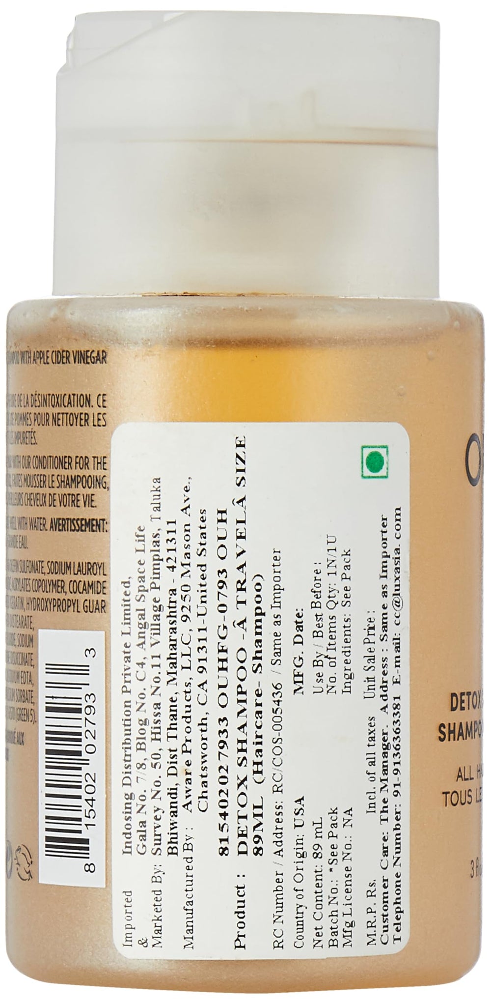 OUAI shampoing detox, apporte volume et brillance, format de voyage.
