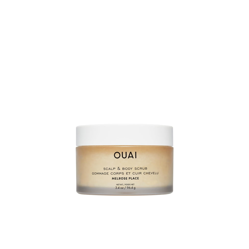 OUAI gommage pour cuir chevelu et corps Melrose Place sur bouteille format voyage.