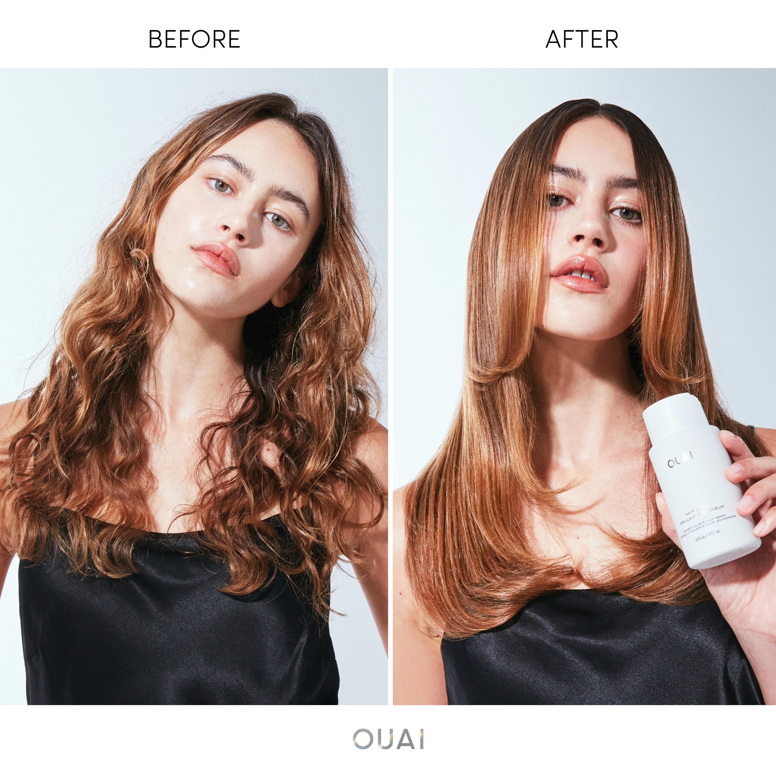 OUAI Hair Gloss – Application sur mi-longueur à pointes pour brillance durable.