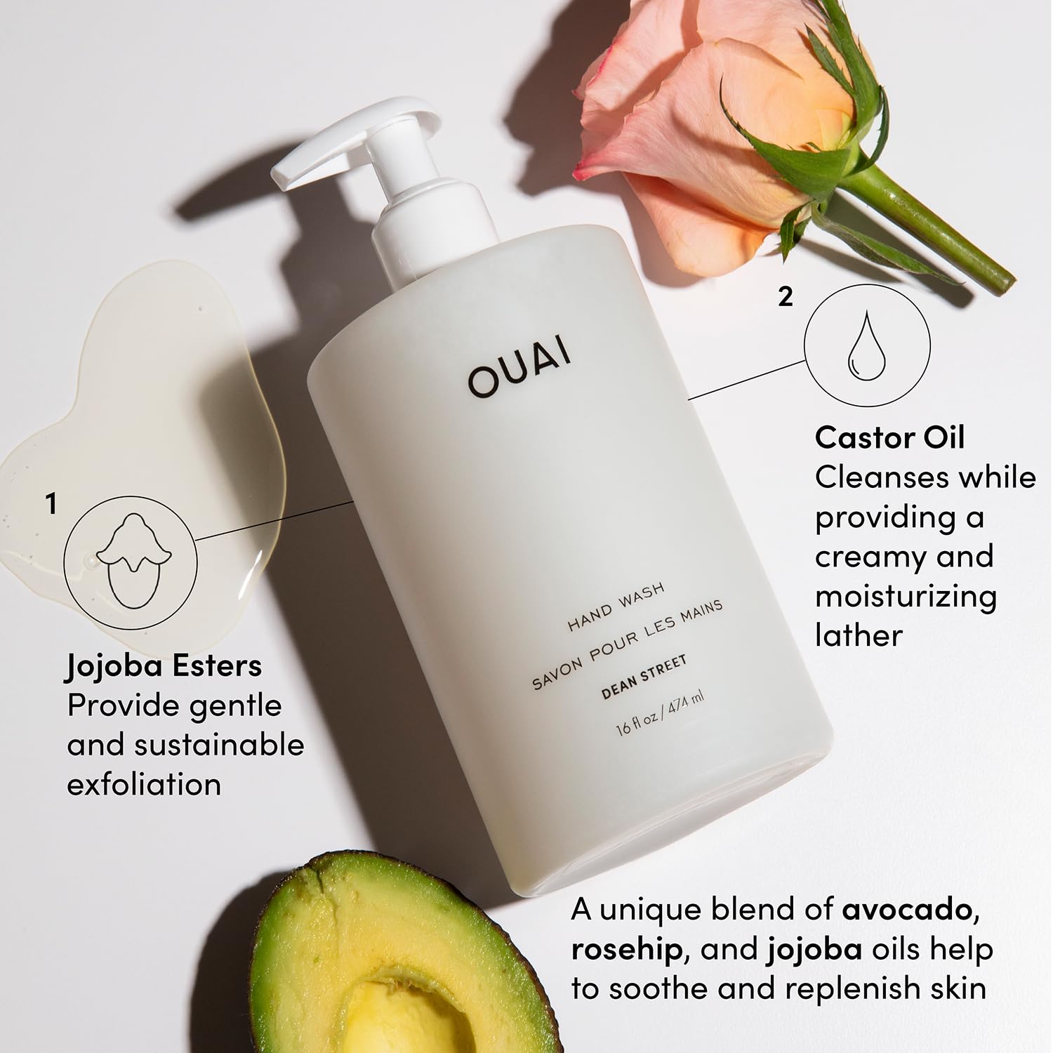 OUAI huile d'avocat et rose musquée pour une hydratation apaisante.