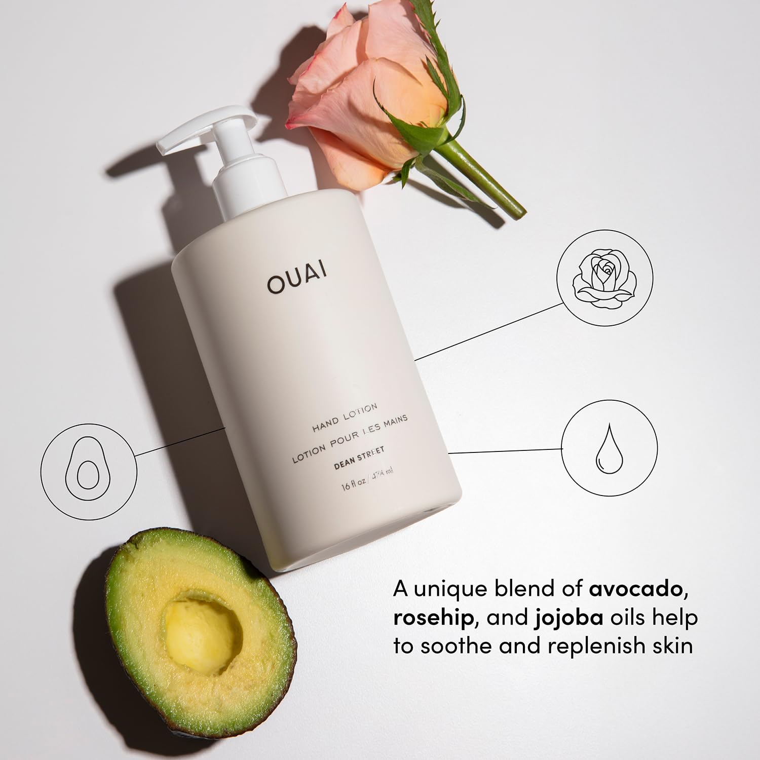 Lotion mains OUAI, application simple et parfum Dean Street rafraîchissant.