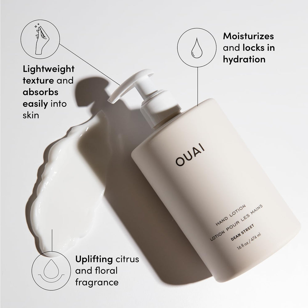 Lotion OUAI, texture crèmeuse qui pénètre rapidement sans sensation grasse.