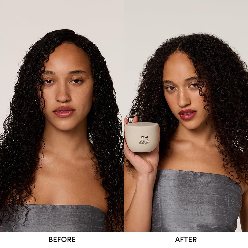 OUAI Masque Cheveux Épais – texture crème, douceur et brillance accrues.