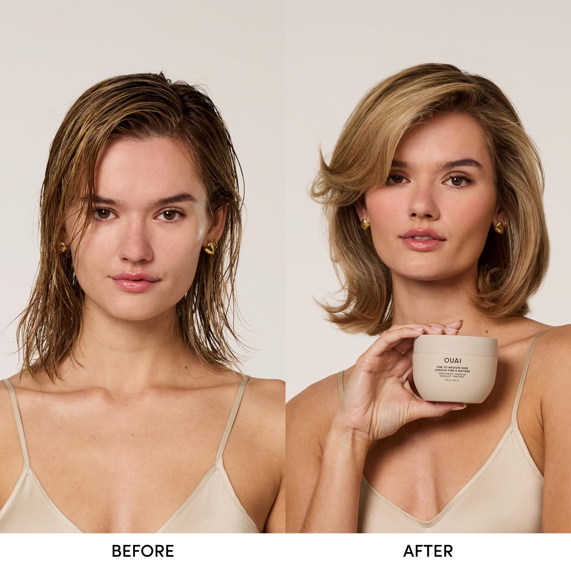 Masque OUAI sur cheveux fins, brillance visible après utilisation.