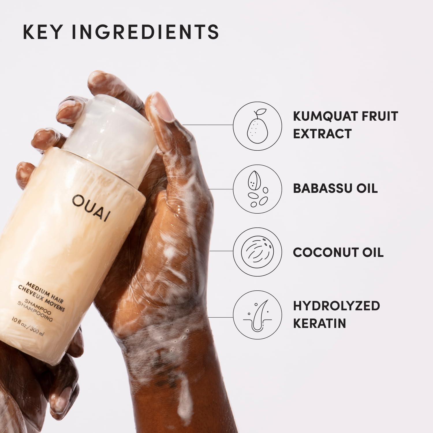 OUAI Medium Shampoo – kératine hydrolysée aide à lisser les frisottis.