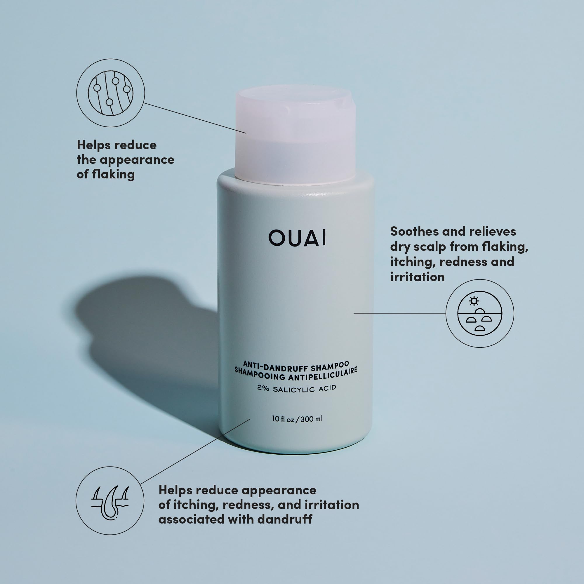 OUAI shampooing antipelliculaire, emballage élégant et informatif.