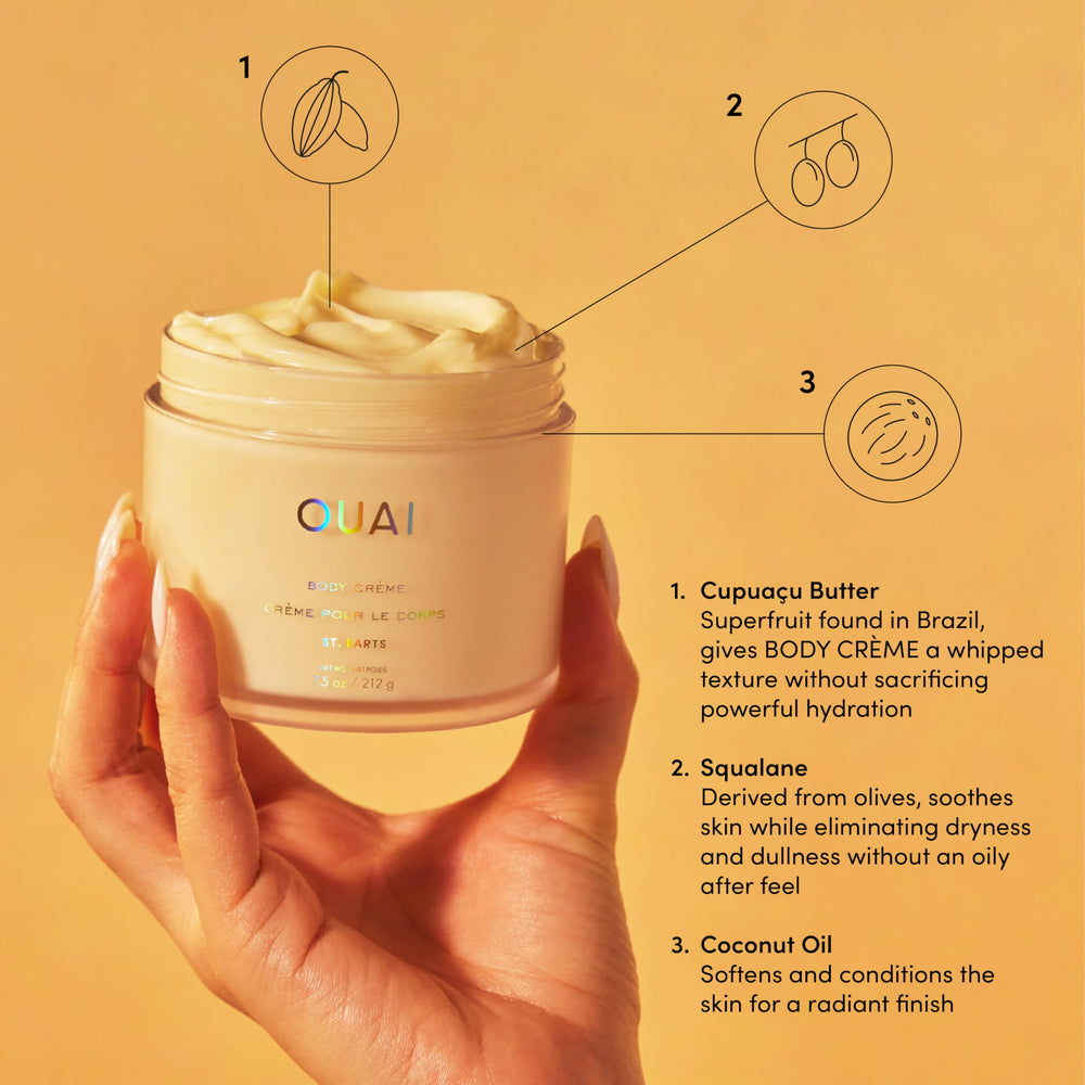 Crème corps OUAI St. Barts chantilly, hydratation légère et absorption rapide.