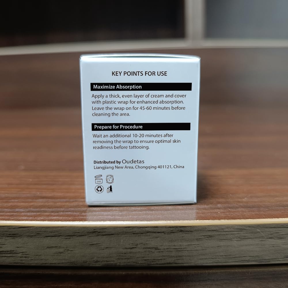 Oudetas Crème anesthésiante: notice et emballage facilitant une routine rapide.