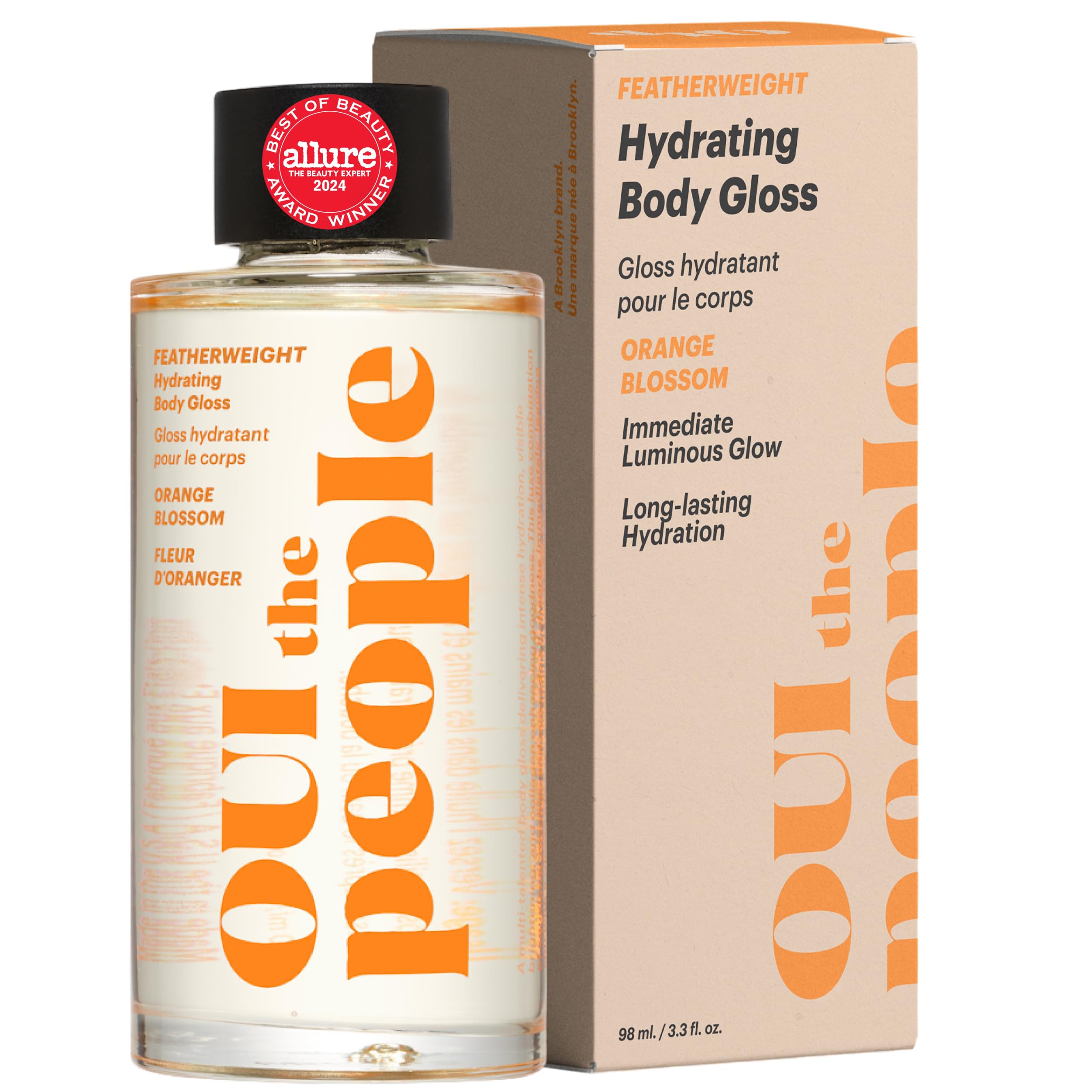 Bouteille OUI the People FEATHERWEIGHT Body Gloss, fini satinée et hydratation légère.